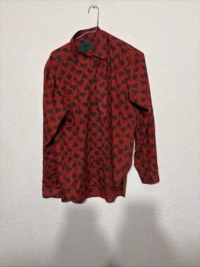 Vintage Junior Gaultier Red Button-Down Shirt with Black Heart Print